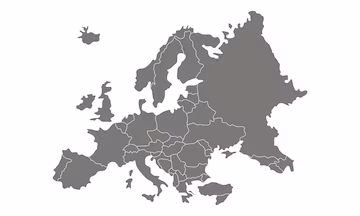 Carte de l'Europe : Silhouette grise et frontières blanches Carte géographique de l'Europe grise avec tracés des frontières nationales détaillées sur fond blanc uni.